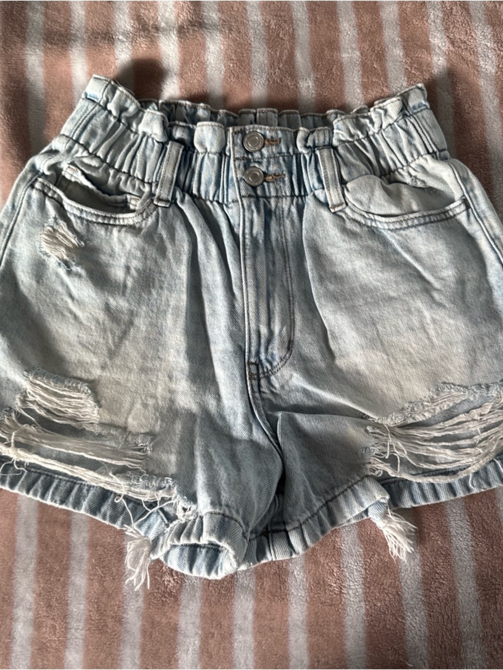 SO Light Blue Paperbag Waist Distressed Denim Shorts